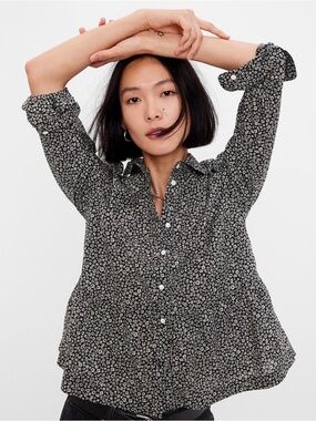 GAP Black Ditsy Floral Peplum Button Up Shirt Cotton Long Sleeve Size S